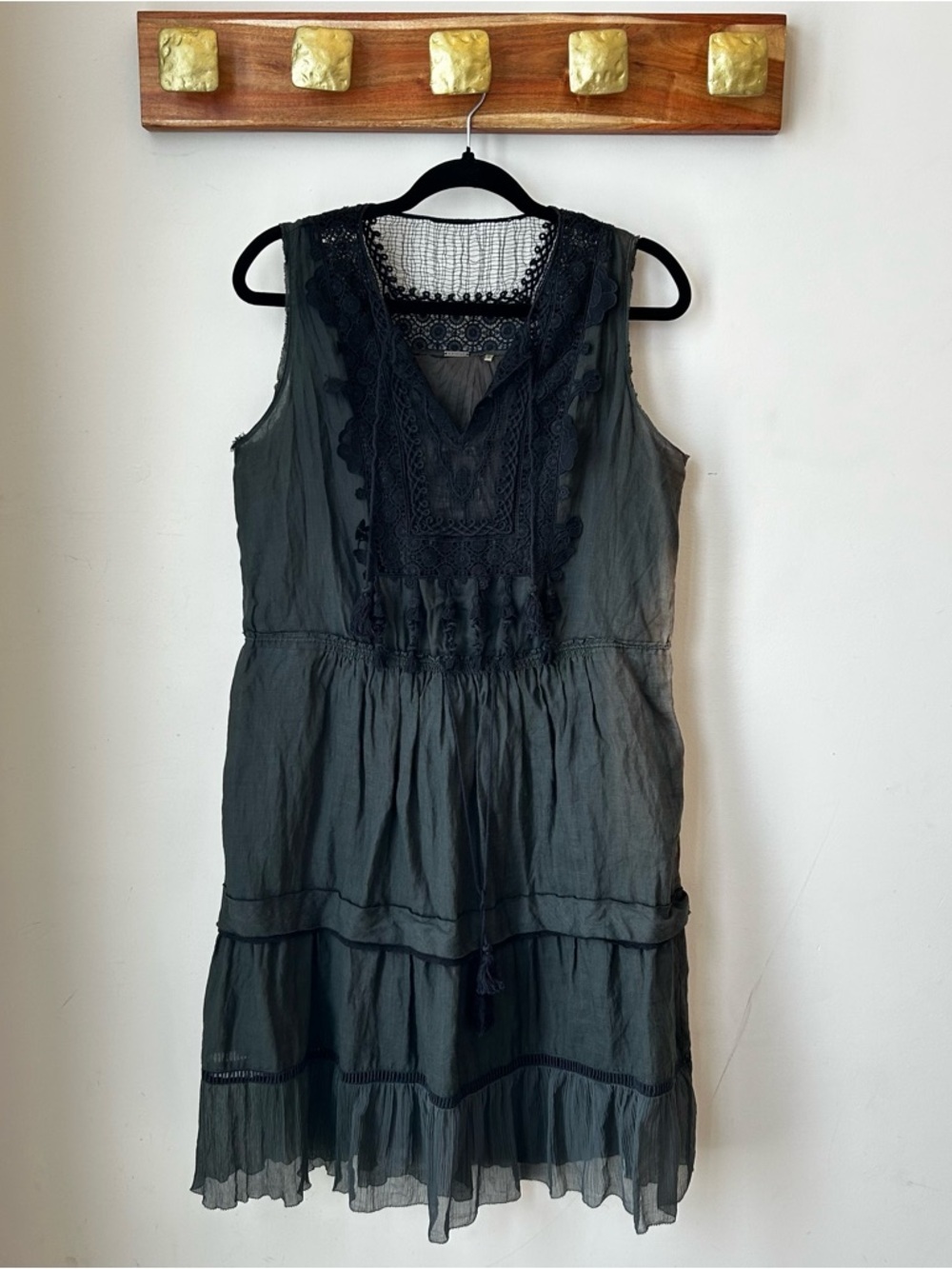 Elie Tahari Dark Green Boho Chic Lace Festival Coastal Cowgirl Dress Size Medium